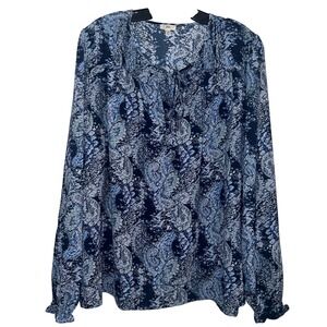 Joie Parisian Paisley Blue Smocked Tie Neck Blouse XL JE7027PR Cottagecore Boho